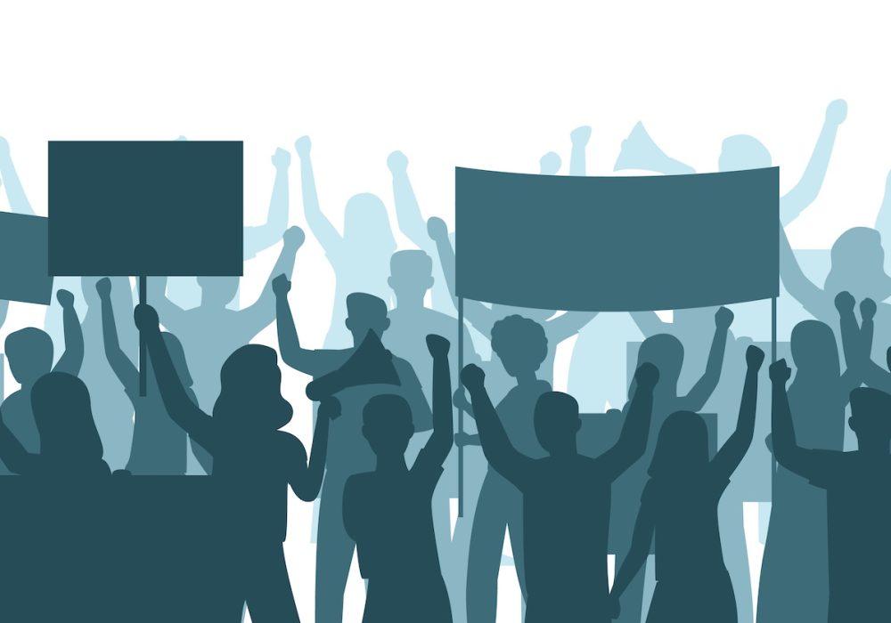 Social protest. Silhouette people demonstration. Human crown with banners and loudspeaker. Marching persons group. Political movement. Activists picket and strike. Public manifestation. Vector concept